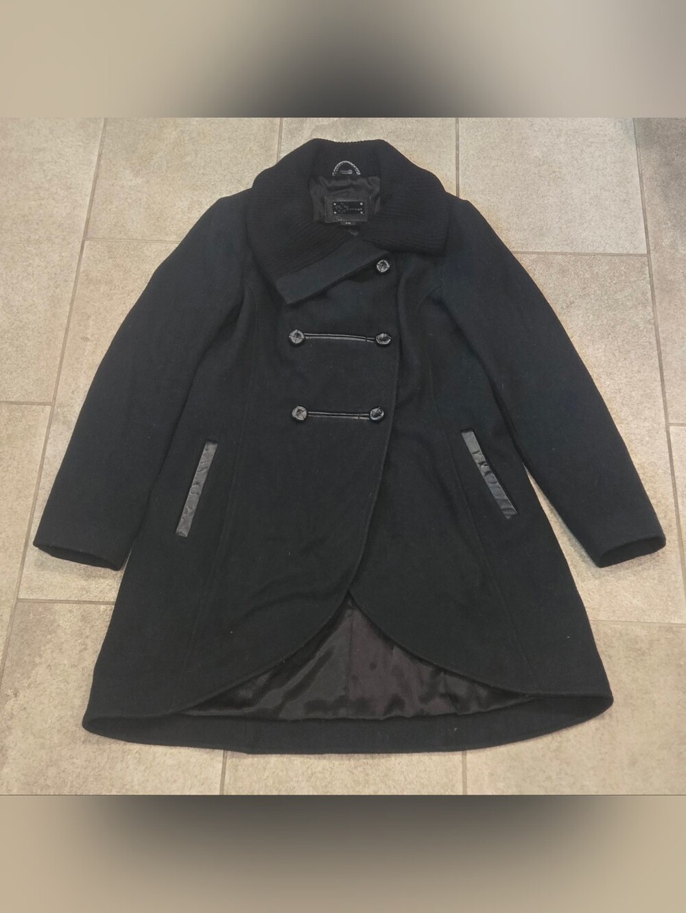 Mackage Diana Black Wool Tulip Hem Military Pea Coat Jacket Large L Authentic
